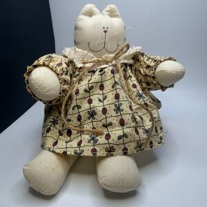 Vintage Primitive Stuffed Cat Doll Yellow Floral Lace Dress Country Farmhouse 8"